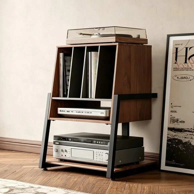 Support for Tourne-Disque avec Rangement, Support Audio Stéréo Vintage