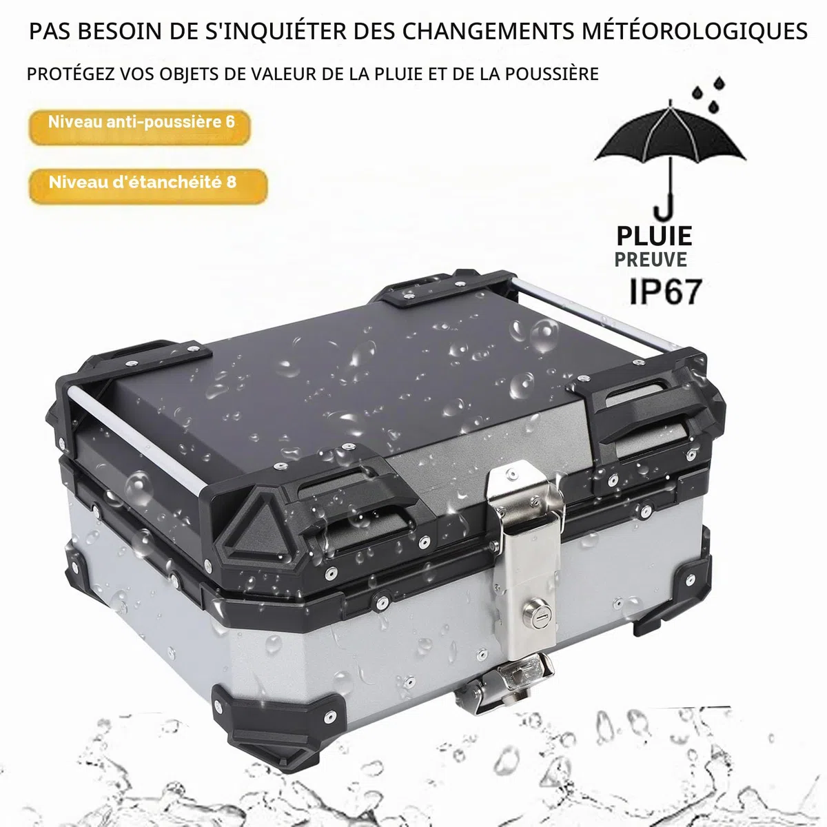 Aluminium Alliage D'eau 25L Moteur Top Box Universel Arrière Top Case Casque Bagages, Moteur Top Case Lock (Argent)