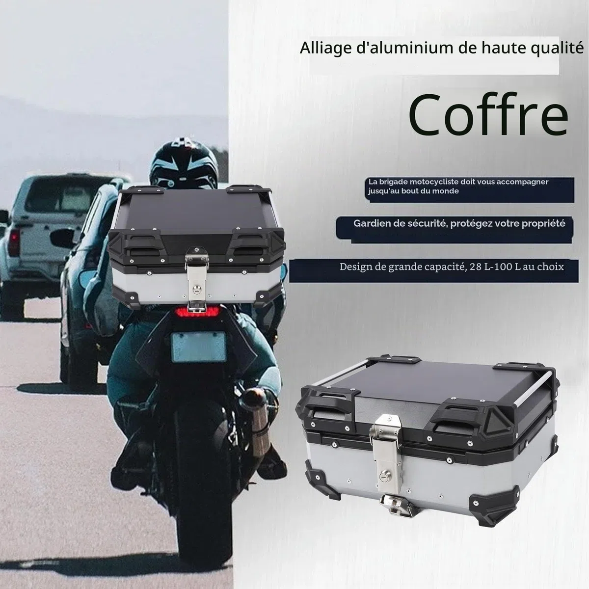 Aluminium Alliage D'eau 25L Moteur Top Box Universel Arrière Top Case Casque Bagages, Moteur Top Case Lock (Argent)